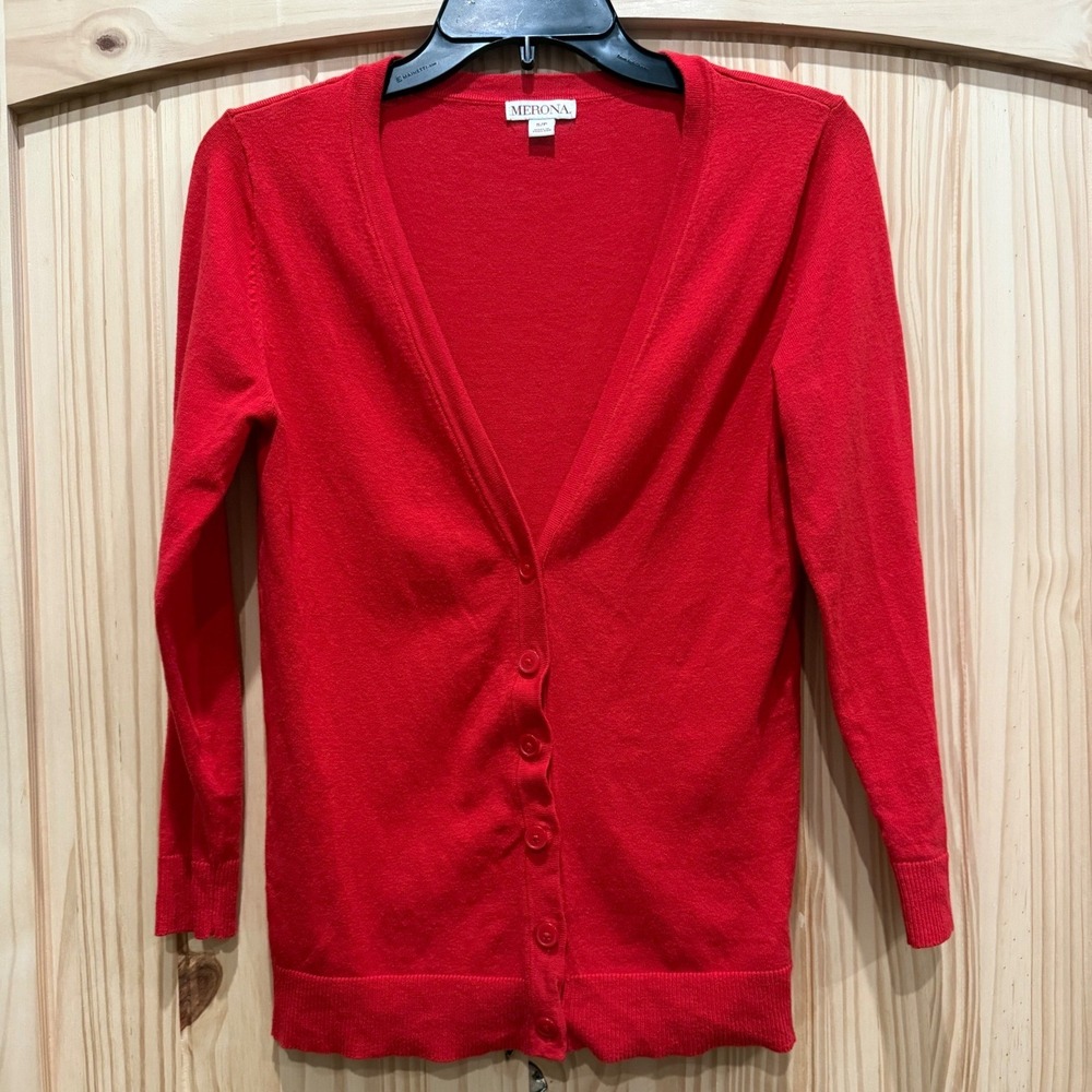 Merona Womens Red V-Neck Button Front Cotton Blend Cardigan Sweater Size S